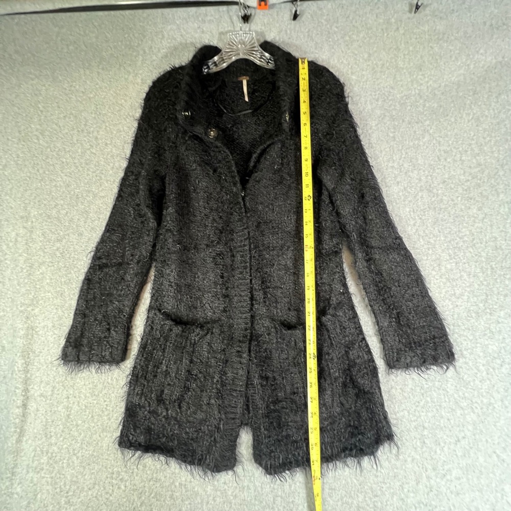 Free People XS Shaggy Jacket Black Fuzzy Knit Cardigan Sweater‎ Pockets Grunge - Picture 8 of 10